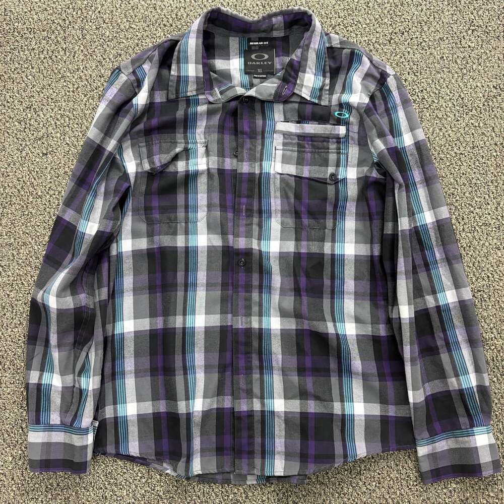 Oakley Men's Purple Blue Plaid Long Sleeve Button-Up Flannel Shirt Size XL